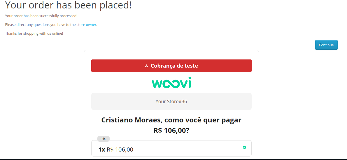 Página de sucesso do checkout com Woovi Parcelado